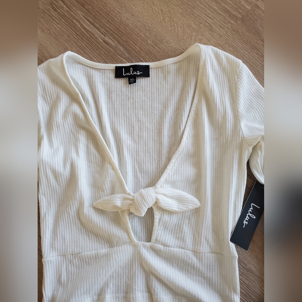 Lulus Poppi White Ribbed Tie-Front Long Sleeve Crop Top XS - Picture 9 of 11